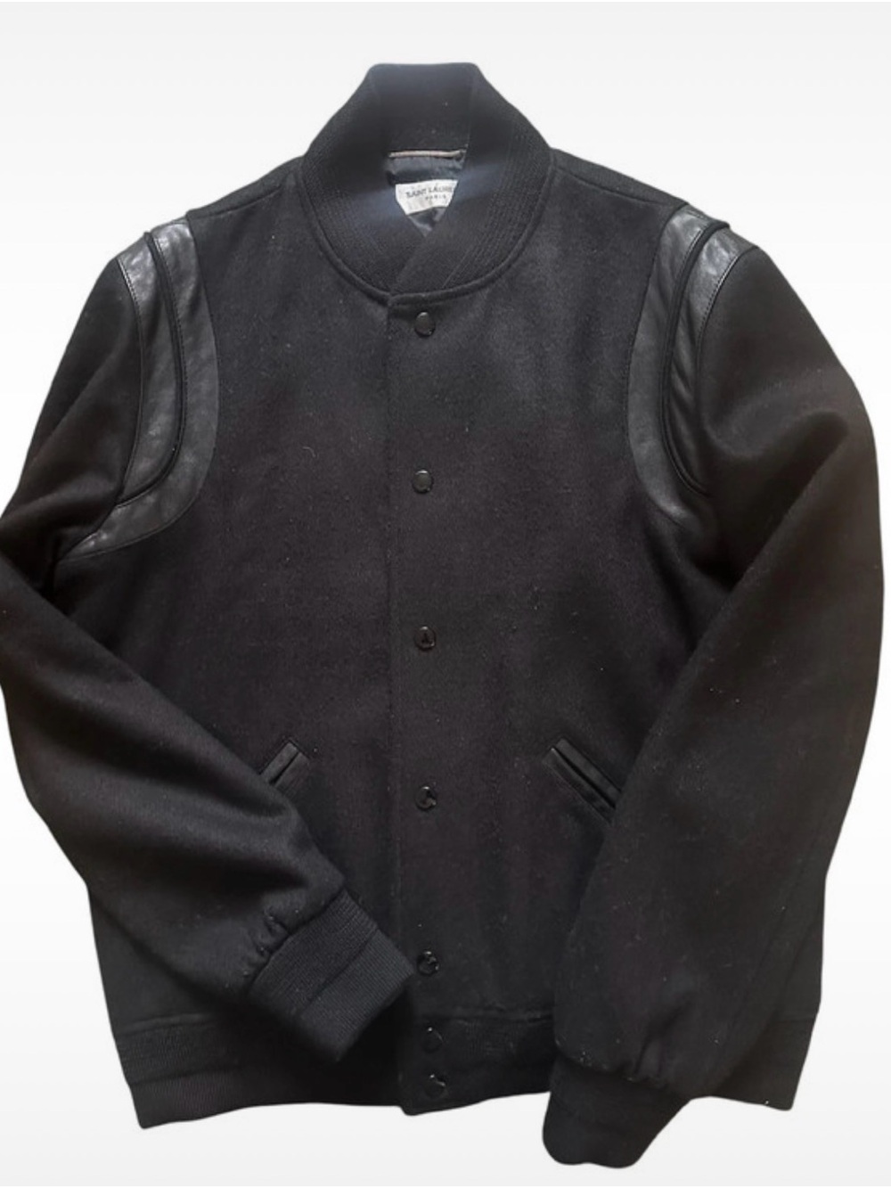 Saint Laurent Black Wool and Leather Varsity Bomber Jacket